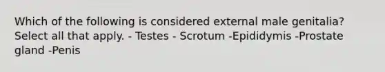 Which of the following is considered external male genitalia? Select all that apply. - Testes - Scrotum -Epididymis -Prostate gland -Penis