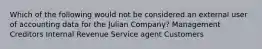 Which of the following would not be considered an external user of accounting data for the Julian Company? Management Creditors Internal Revenue Service agent Customers