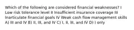 Which of the following are considered financial weaknesses? I Low risk tolerance level II Insufficient insurance coverage III Inarticulate financial goals IV Weak cash flow management skills A) III and IV B) II, III, and IV C) I, II, III, and IV D) I only