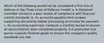 Which of the following would not be considered a first line of defense in the Three Lines of Defense model? a. A divisional controller conducts a peer review of compliance with financial control standards. b. An accounts payable clerk reviews supporting documents before processing an invoice for payment. c. An accounting supervisor conducts a monthly review to ensure all reconciliations were completed properly. d.A production line worker inspects finished goods to ensure the company's quality standards are met.