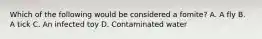 Which of the following would be considered a fomite? A. A fly B. A tick C. An infected toy D. Contaminated water