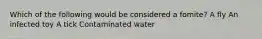 Which of the following would be considered a fomite? A fly An infected toy A tick Contaminated water