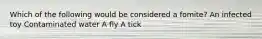 Which of the following would be considered a fomite? An infected toy Contaminated water A fly A tick