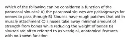 Which of the following can be considered a function of the paranasal sinuses? A) the paranasal sinuses are passageways for nerves to pass through B) Sinuses have rough patches that aid in muscle attachment C) sinuses take away minimal amount of strength from bones while reducing the weight of bones D) sinuses are often referred to as vestigial, anatomical features with no known function