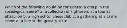 Which of the following would be considered a group in the sociological sense? a. a collection of sightseers at a tourist attraction b. a high school chess club c. a gathering at a crime scene d. a line at the grocery store