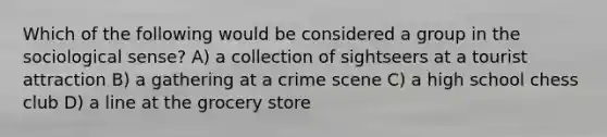 Which of the following would be considered a group in the sociological sense? A) a collection of sightseers at a tourist attraction B) a gathering at a crime scene C) a high school chess club D) a line at the grocery store