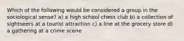 Which of the following would be considered a group in the sociological sense? a) a high school chess club b) a collection of sightseers at a tourist attraction c) a line at the grocery store d) a gathering at a crime scene