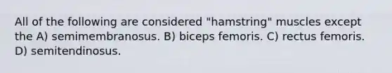 All of the following are considered "hamstring" muscles except the A) semimembranosus. B) biceps femoris. C) rectus femoris. D) semitendinosus.