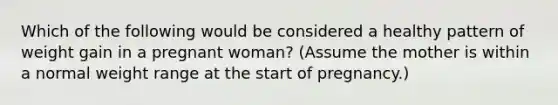 Which of the following would be considered a healthy pattern of weight gain in a pregnant woman? (Assume the mother is within a normal weight range at the start of pregnancy.)