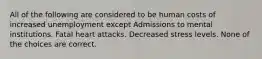 All of the following are considered to be human costs of increased unemployment except Admissions to mental institutions. Fatal heart attacks. Decreased stress levels. None of the choices are correct.