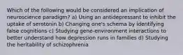 Which of the following would be considered an implication of neuroscience paradigm? a) Using an antidepressant to inhibit the uptake of serotonin b) Changing one's schema by identifying false cognitions c) Studying gene-environment interactions to better understand how depression runs in families d) Studying the heritability of schizophrenia