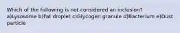Which of the following is not considered an inclusion? a)Lysosome b)Fat droplet c)Glycogen granule d)Bacterium e)Dust particle