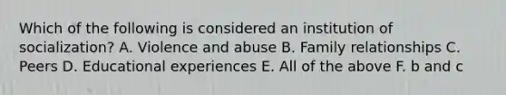 Which of the following is considered an institution of socialization? A. Violence and abuse B. Family relationships C. Peers D. Educational experiences E. All of the above F. b and c