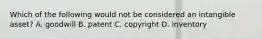 Which of the following would not be considered an intangible asset? A. goodwill B. patent C. copyright D. inventory