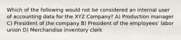 Which of the following would not be considered an internal user of accounting data for the XYZ Company? A) Production manager C) President of the company B) President of the employees' labor union D) Merchandise inventory clerk