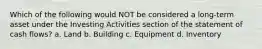 Which of the following would NOT be considered a long-term asset under the Investing Activities section of the statement of cash flows? a. Land b. Building c. Equipment d. Inventory