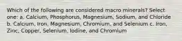 Which of the following are considered macro minerals? Select one: a. Calcium, Phosphorus, Magnesium, Sodium, and Chloride b. Calcium, Iron, Magnesium, Chromium, and Selenium c. Iron, Zinc, Copper, Selenium, Iodine, and Chromium