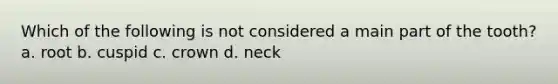 Which of the following is not considered a main part of the tooth? a. root b. cuspid c. crown d. neck