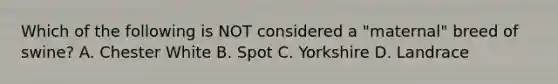 Which of the following is NOT considered a "maternal" breed of swine? A. Chester White B. Spot C. Yorkshire D. Landrace