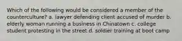 Which of the following would be considered a member of the counterculture? a. lawyer defending client accused of murder b. elderly woman running a business in Chinatown c. college student protesting in the street d. soldier training at boot camp