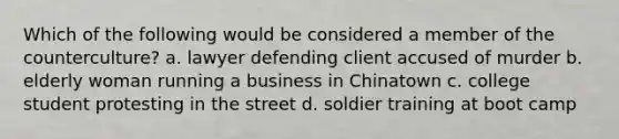 Which of the following would be considered a member of the counterculture? a. lawyer defending client accused of murder b. elderly woman running a business in Chinatown c. college student protesting in the street d. soldier training at boot camp