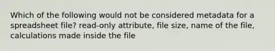 Which of the following would not be considered metadata for a spreadsheet file? read-only attribute, file size, name of the file, calculations made inside the file