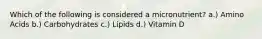 Which of the following is considered a micronutrient? a.) Amino Acids b.) Carbohydrates c.) Lipids d.) Vitamin D