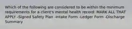 Which of the following are considered to be within the minimum requirements for a client's mental health record: MARK ALL THAT APPLY -Signed Safety Plan -Intake Form -Ledger Form -Discharge Summary