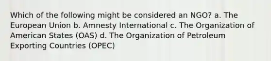 Which of the following might be considered an NGO? a. The European Union b. Amnesty International c. The Organization of American States (OAS) d. The Organization of Petroleum Exporting Countries (OPEC)