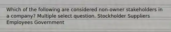 Which of the following are considered non-owner stakeholders in a company? Multiple select question. Stockholder Suppliers Employees Government