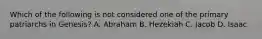 Which of the following is not considered one of the primary patriarchs in Genesis? A. Abraham B. Hezekiah C. Jacob D. Isaac