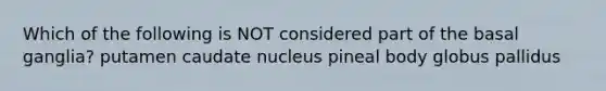 Which of the following is NOT considered part of the basal ganglia? putamen caudate nucleus pineal body globus pallidus