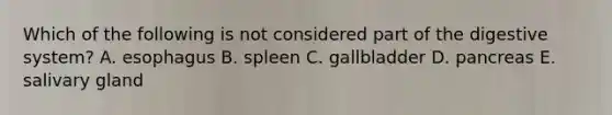 Which of the following is not considered part of the digestive system? A. esophagus B. spleen C. gallbladder D. pancreas E. salivary gland