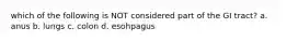 which of the following is NOT considered part of the GI tract? a. anus b. lungs c. colon d. esohpagus