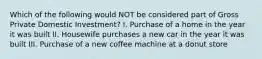 Which of the following would NOT be considered part of Gross Private Domestic Investment? I. Purchase of a home in the year it was built II. Housewife purchases a new car in the year it was built III. Purchase of a new coffee machine at a donut store