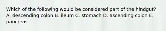 Which of the following would be considered part of the hindgut? A. descending colon B. ileum C. stomach D. ascending colon E. pancreas