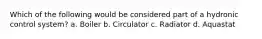 Which of the following would be considered part of a hydronic control system? a. Boiler b. Circulator c. Radiator d. Aquastat