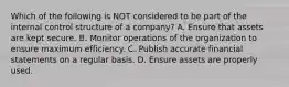 Which of the following is NOT considered to be part of the internal control structure of a company? A. Ensure that assets are kept secure. B. Monitor operations of the organization to ensure maximum efficiency. C. Publish accurate financial statements on a regular basis. D. Ensure assets are properly used.