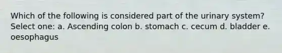 Which of the following is considered part of the urinary system? Select one: a. Ascending colon b. stomach c. cecum d. bladder e. oesophagus