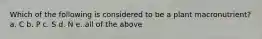 Which of the following is considered to be a plant macronutrient? a. C b. P c. S d. N e. all of the above