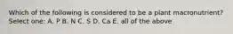 Which of the following is considered to be a plant macronutrient? Select one: A. P B. N C. S D. Ca E. all of the above