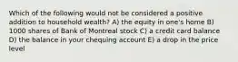 Which of the following would not be considered a positive addition to household wealth? A) the equity in one's home B) 1000 shares of Bank of Montreal stock C) a credit card balance D) the balance in your chequing account E) a drop in the price level