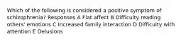 Which of the following is considered a positive symptom of schizophrenia? Responses A Flat affect B Difficulty reading others' emotions C Increased family interaction D Difficulty with attention E Delusions