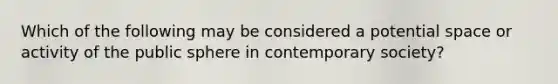 Which of the following may be considered a potential space or activity of the public sphere in contemporary society?