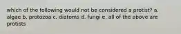 which of the following would not be considered a protist? a. algae b. protozoa c. diatoms d. fungi e. all of the above are protists