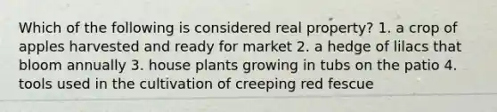 Which of the following is considered real property? 1. a crop of apples harvested and ready for market 2. a hedge of lilacs that bloom annually 3. house plants growing in tubs on the patio 4. tools used in the cultivation of creeping red fescue