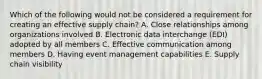 Which of the following would not be considered a requirement for creating an effective supply chain? A. Close relationships among organizations involved B. Electronic data interchange (EDI) adopted by all members C. Effective communication among members D. Having event management capabilities E. Supply chain visibility