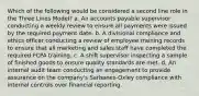 Which of the following would be considered a second line role in the Three Lines Model? a. An accounts payable supervisor conducting a weekly review to ensure all payments were issued by the required payment date. b. A divisional compliance and ethics officer conducting a review of employee training records to ensure that all marketing and sales staff have completed the required FCPA training. c. A shift supervisor inspecting a sample of finished goods to ensure quality standards are met. d. An internal audit team conducting an engagement to provide assurance on the company's Sarbanes-Oxley compliance with internal controls over financial reporting.