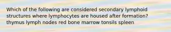 Which of the following are considered secondary lymphoid structures where lymphocytes are housed after formation? thymus lymph nodes red bone marrow tonsils spleen