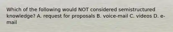 Which of the following would NOT considered semistructured knowledge? A. request for proposals B. voice-mail C. videos D. e-mail